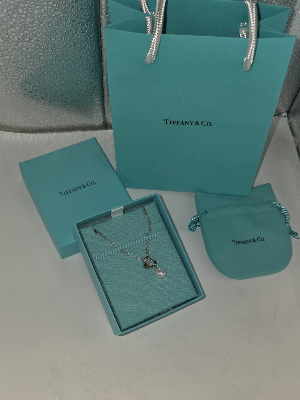 New Tiffany & Co. Silver Pearl Drop Necklace with Blue Accents